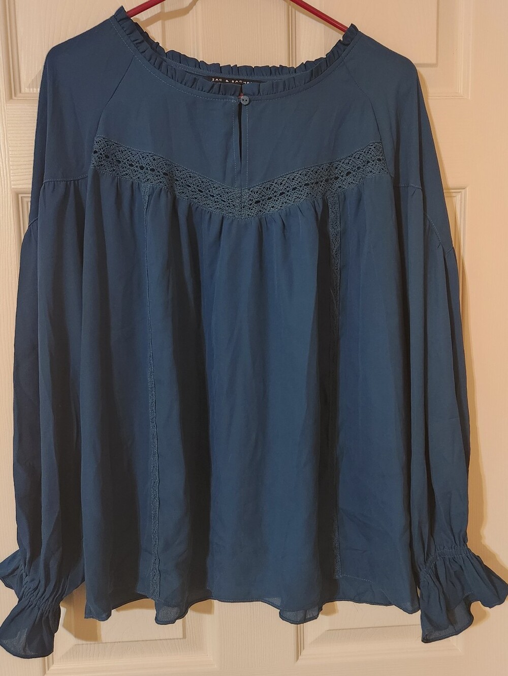 Zac & Rachel Women's Crepe Peasant Blouse Size XL Green Blue Ruffle Hem Boho